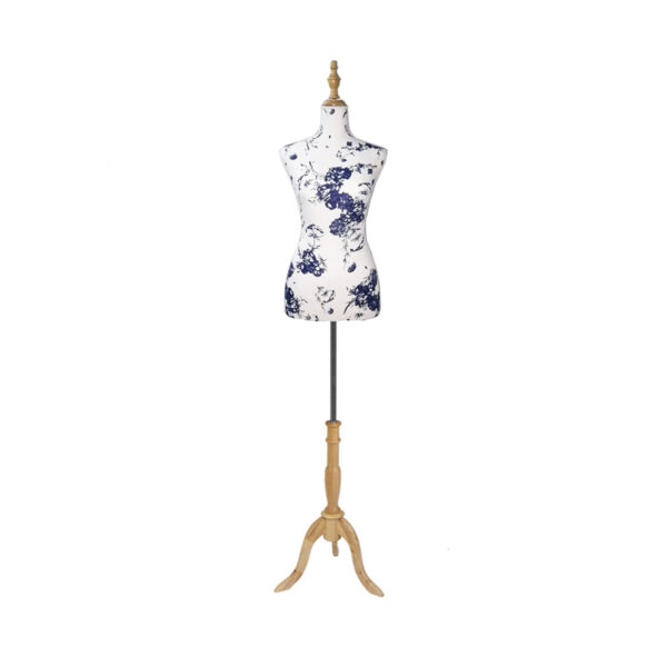 Maniqui para costura con base madera, MOD Flores Azul