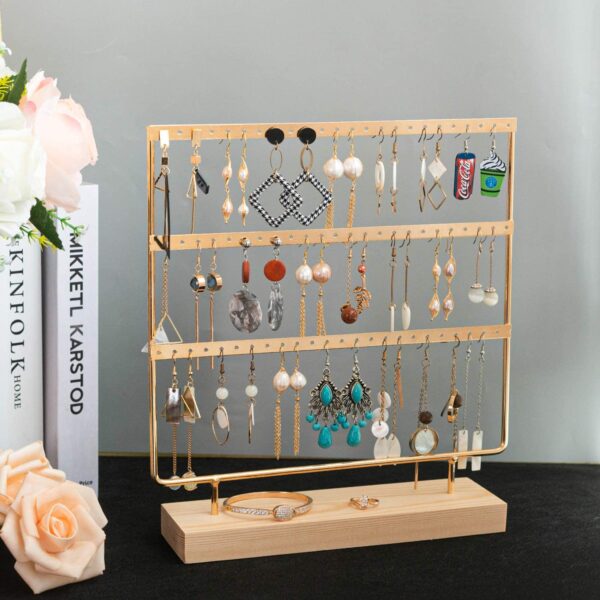 Exhibidor dorado de aros, con base madera - Imagen 3