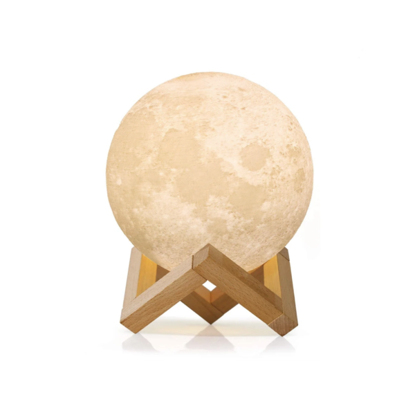 Lampara táctil con modelo de Luna y base madera, luces de colores