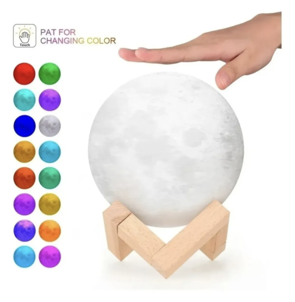 Lampara táctil con modelo de Luna y base madera, luces de colores - Imagen 5